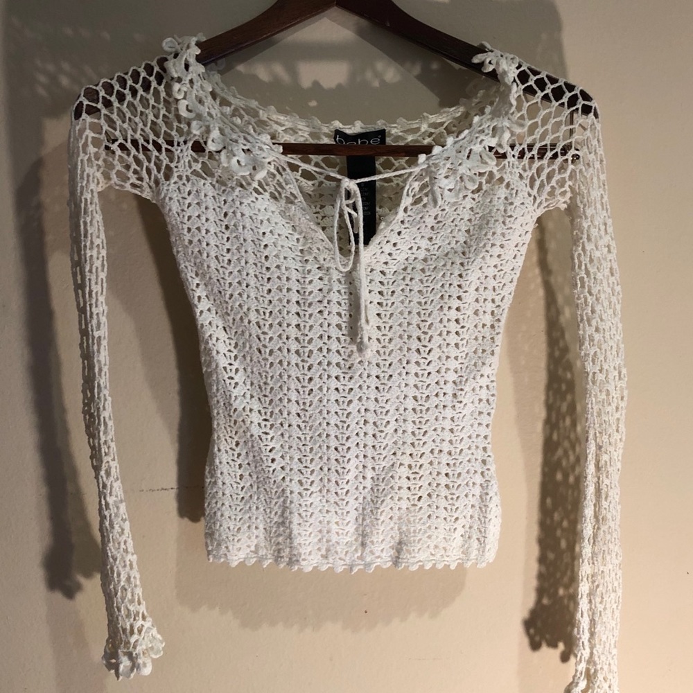 Bebe white lace knit top